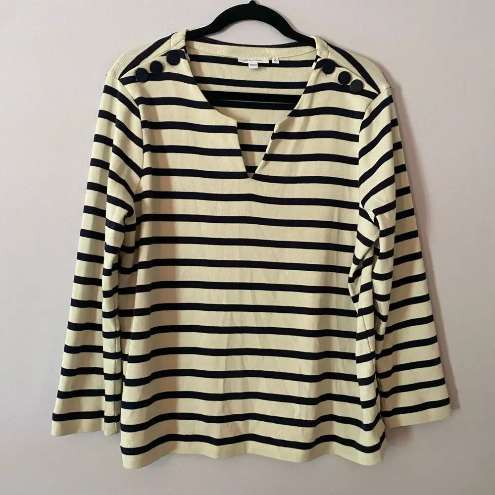 Chico's Blue Cream Stripe Popover Sweater Nautical Sailor Women's size 2 / Large